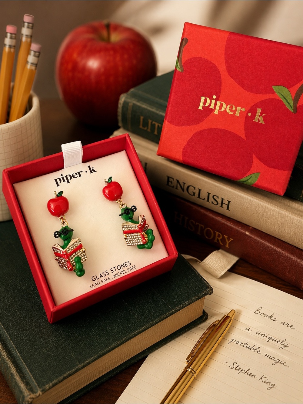 Piper K Apple & Bookworm Glass Stone Dangle Earrings NIB Teacher Back to School